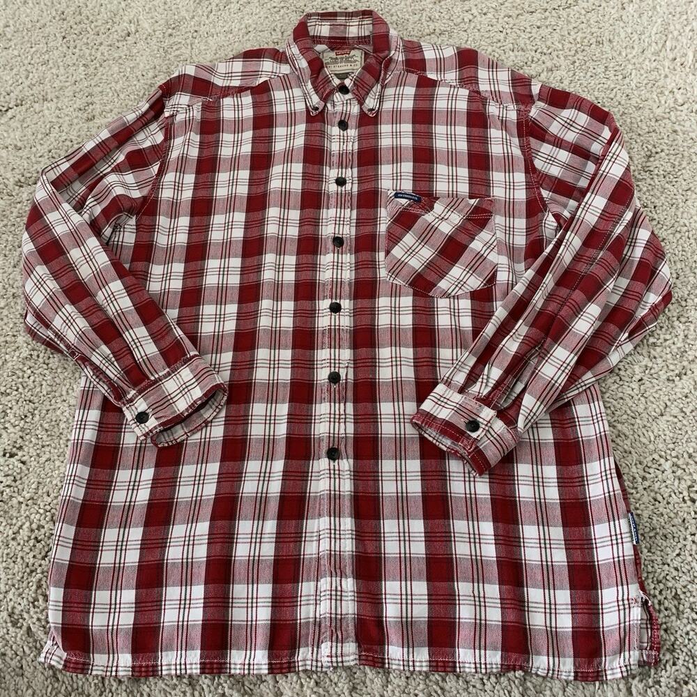 Vintage Levi's Shirt Mens Large Red Brown Plaid Woven Button Up Casual 90s